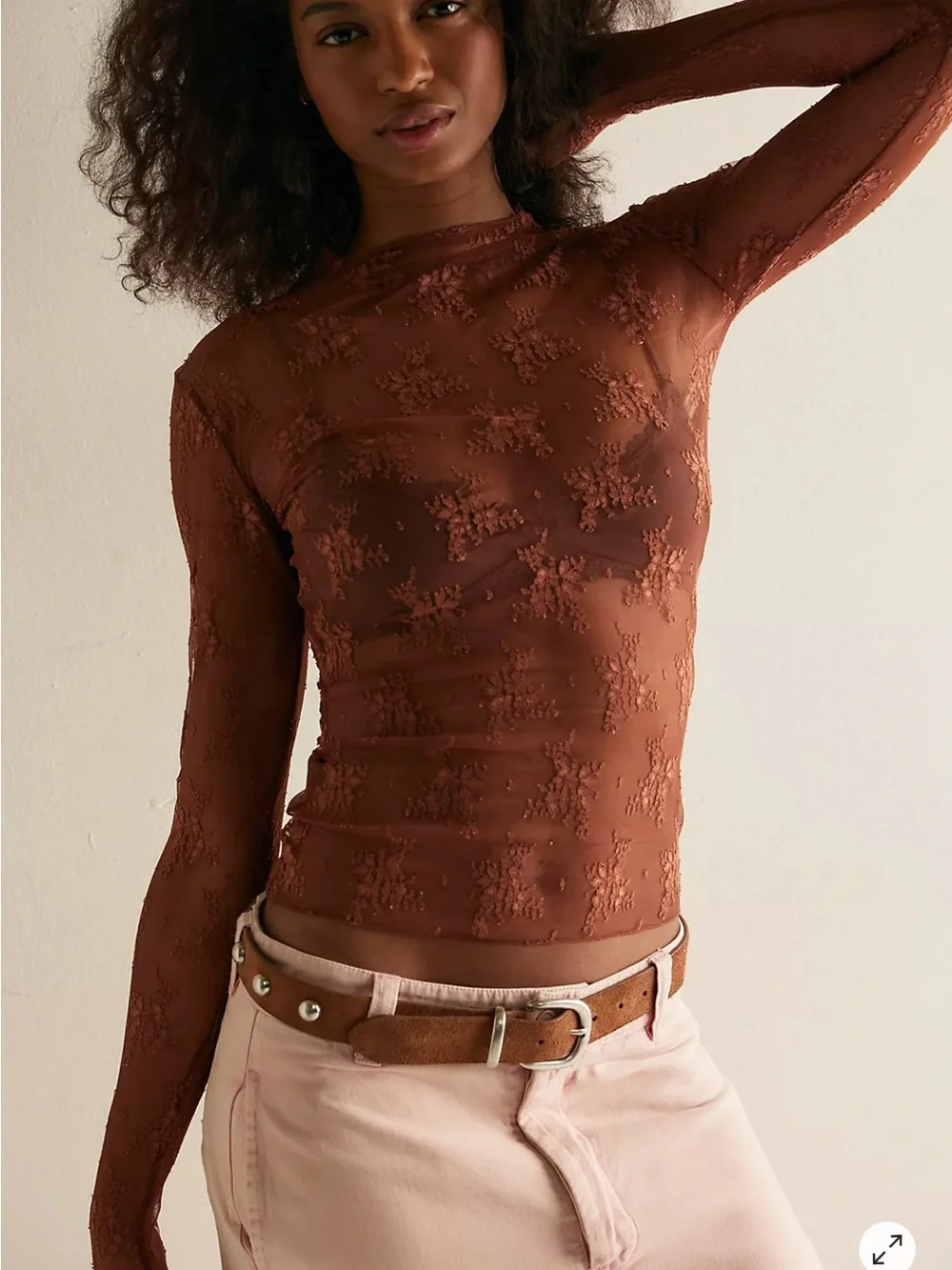 Free People Lady Lux Layering Top Lace Long Sleeve Top Brown size Small